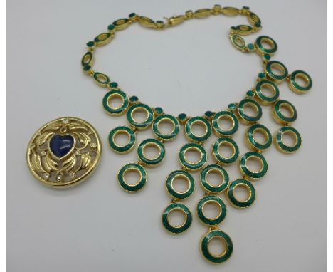 A 1970's retro green enamel necklace and a Past Times brooch, boxed
