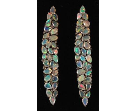 A PAIR OF SILVER, GOLD POST, LONG OPAL AND DIAMOND EARRINGS.