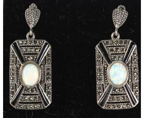 A PAIR OF SILVER OPAL AND ONYX DECO STYLE EARRINGS.