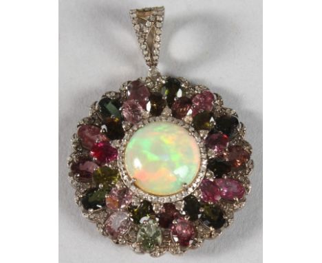 A SILVER OPAL, DIAMOND AND TOURMALINE PENDANT.