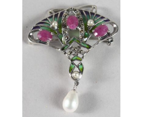 A SILVER RUBY, PEARL AND PLIQUE ENAMEL BROOCH.