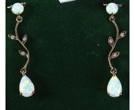 A PAIR OF 9CT GOLD OPAL AND DIAMOND LONG DROP EARRINGS.