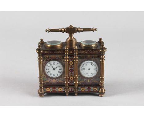 A BRASS AND CLOISONNE ENAMEL TWO DIAL CARRIAGE CLOCK with carrying handle. 5ins wide x 5ins high including handle.