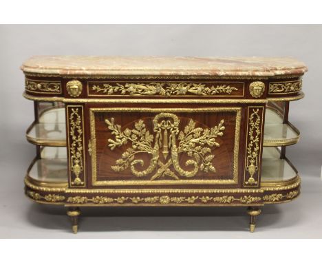 A LARGE LOUIS XVITH DESIGN MARBLE TOP COMMODE fitted with four drawers, double panel doors and open shelves to the sides, all
