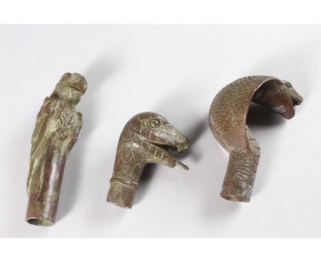 THREE BRONZE WALKING STICK HANDLES, cobra, snake and parrot.