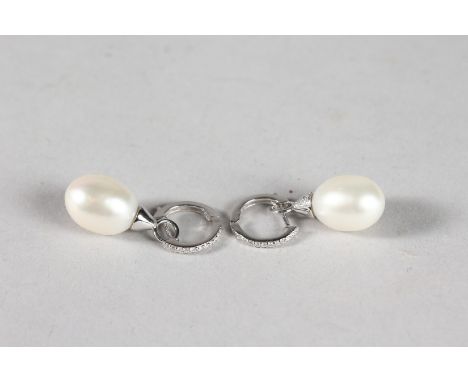 A PAIR OF 18CT WHITE GOLD, DIAMOND AND PEARL DETACHABLE HOOP DROP EARRINGS.