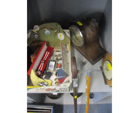 A mixed lot to include an Enfield oak cased mantel clock with Westminster chimes, a Smith 8-day mantel clock, various badges 