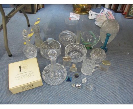 A collection of crystal and glass to include a Caithness bowl, a Mdina vase, a silver top scent bottle and a silver top jar t