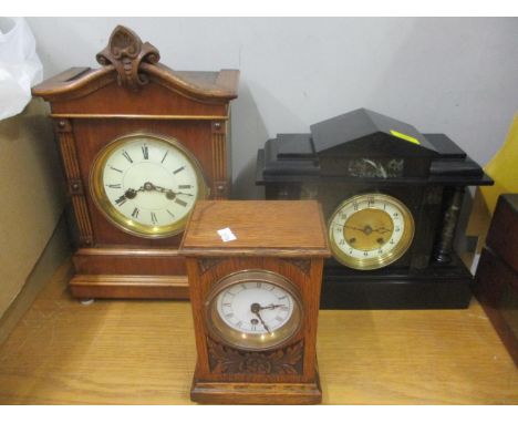 Two oak mantel clocks with HAC movements from the 1920s, and a late Victorian slate mantel clock also with a HAC movement. Al