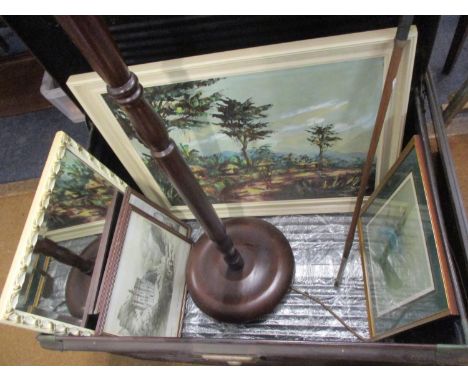 A large vintage metal trunk by Best Steel together with contents comprising a Caribbean oil on canvas, mixed prints, a vintag