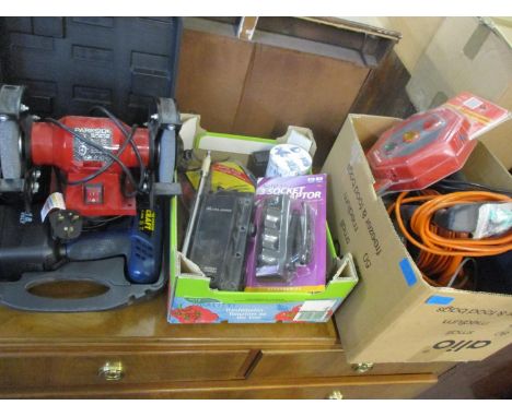 A Power Craft 18v AT-1805G power tool, in travel case, a Parkside bench grinder and other tools and electricals to include a 