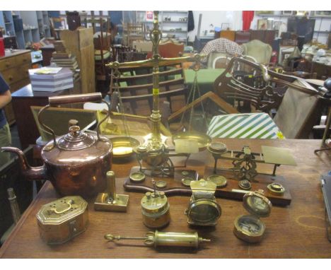 Metalware to include two letter scales, a copper kettle, a bicycle lamp, a chamberstick, an ice cream waffle maker, a militar