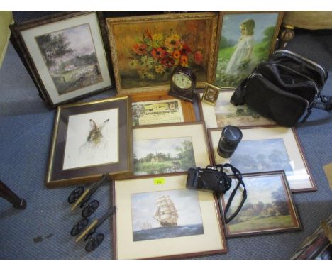 Mixed prints, a Minolta 7000 camera with lens and accessories, and two Canon ornaments and other itemsLocation: SL 