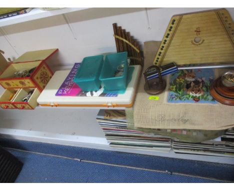 Collectables to include watch parts, a watch stand, musical instruments, two modern woollen tapestry pictures, a small quanti