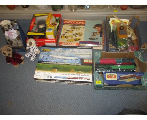 A selection of toys to include The Merseyside Express electric train set by Bachmann for Graham Farish, Meccano super junior 