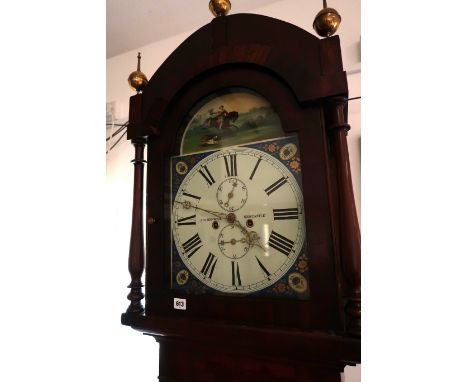 A flamed mahogany veneered longcase clock by J.N.Renwick, Newcastle, painted dial with Roman Numerals to chapter ring. 