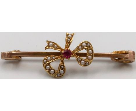 A 9ct Yellow gold ruby and seed Pearl Brooch - weight approx 3.1 grams 