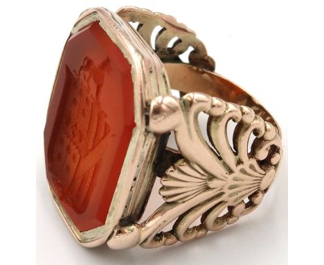 An early antique Georgian gold (tested) carnelian intaglio seal, head size approx 27mm x 22mm, size approx R/S. Weight 16.44 