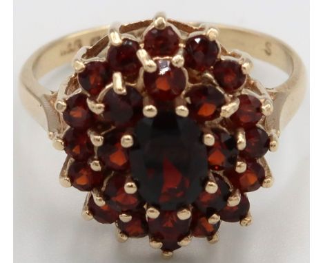 A 9ct yellow gold garnet cluster ring, head size approx 17mm x 15mm, size O. Weight 3.78 grams 