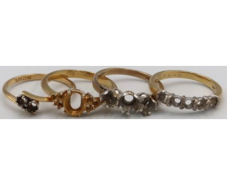 Three 18ct Yellow Gold ring/ shank settings size R, O, and R 10grams and one 9ct Yellow gold shank size P 2.8grams 