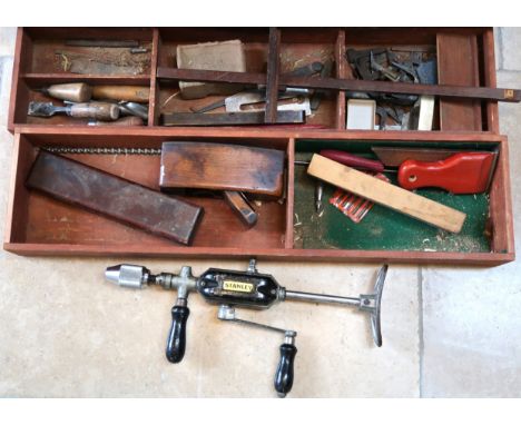 A large Vintage Tool chest containing a large selection of tools including Drills, Plains etc. 89cm x 46cm x 54cm high. 