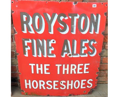 An Enamel advertising panel for Royston Fine Ales, The Three Horseshoes. 76cm x 92cm. 