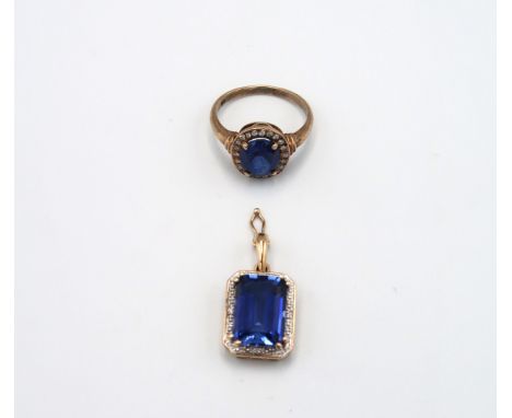 A diamond and synthetic sapphire cluster ring. Stamped 9ct. Size R. Weight approx 4.63 grams. Together with a diamond and syn