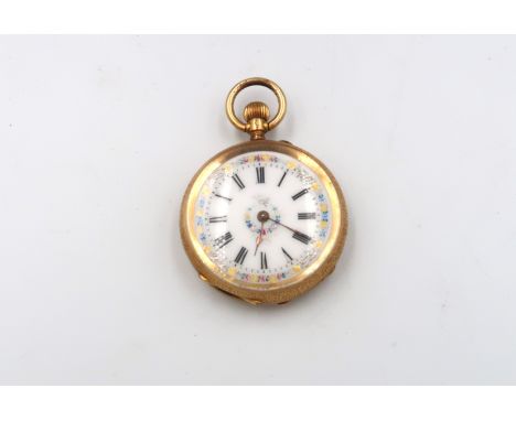 A French 18ct yellow gold cased pocket watch, open faced, with enamel floral decorated face. total weight 42grams. 
