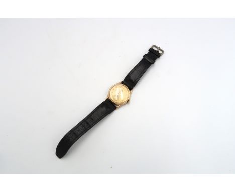 A 9ct Gold cased Record Wristwatch, Arabic Numerals to chapter ring on leather strap. 