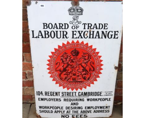 An Enamel advertising panel for The Labour Exchange Cambridge. 61cm x 91cm. 