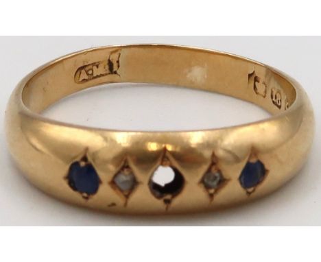 An 18ct Yellow gold dress ring, Sapphire and Diamonds to shoulder Size R 2.76grams.Sapphire missing from centre.