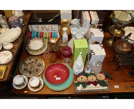 A collection of modern decorative glass and china to include cups and saucers, serving dishes, vases, tea ware, Christmas dec