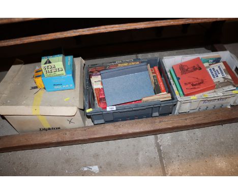 Two boxes of various books and a glass light shade etc.