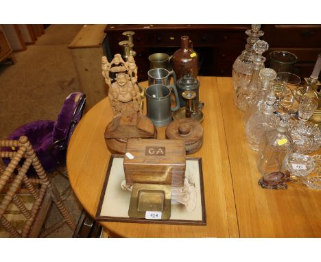 A pair of brass candlesticks; pewter tankards; brass chamber stick; salt glazed stoneware bottle etc.