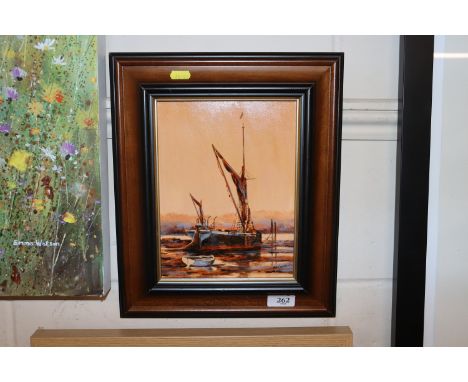 Ken Curtis, acrylic on board "Barge At Dawn Light"