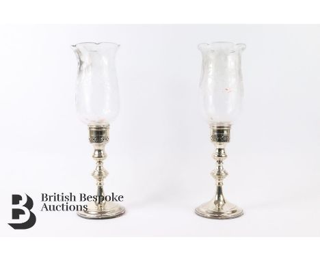 A pair of silver hurricane lamps, with acid-etched glass shades, mm G &amp; Co Ltd dated 1976, approx. 920 gms excluding glas