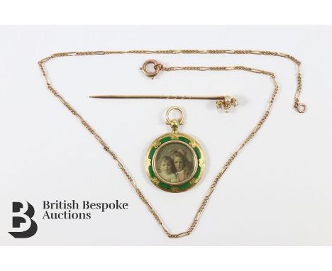 Victorian green enamel pendant 14/15ct (tested) on 9ct gold chain, approx 33 cms in length approx 1.9 gms, pendant weighs 5 g