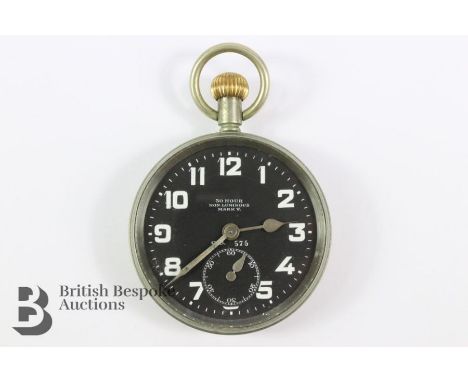 30 hour non-luminous Mark V stainless steel open face military pocket watch. The watch having a black face with white numeric