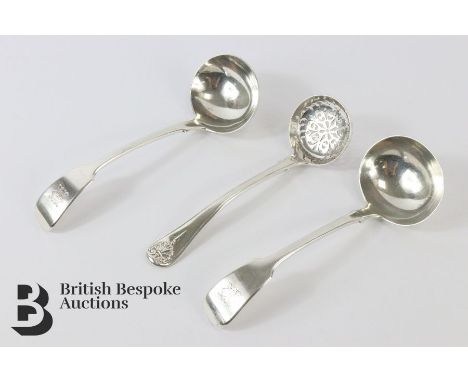 Two silver ladles and silver sifter spoon, approx 195 gms