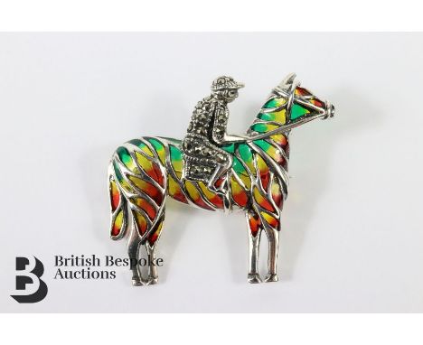 Silver and plique a jour horse and rider brooch pendant, approx 40 x 35 mm.&nbsp;