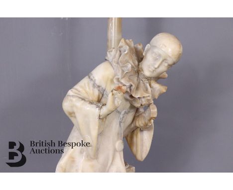 Art Deco marble Pierrot the Clown lamp base, full length carving of Pierrot is depicted playing a mandolin, approx 93 h x 25 