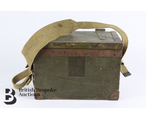 WWII British Army field telephone set F MKII, nr faded, with broad arrow mark, housed in a timber box with the original canva
