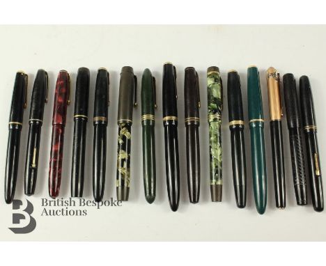 Quantity of ink pens, including Duke, two Conway Stewart with 14k nib, Parker marble effect with 14k nib, Parker 585 black fi