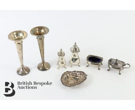 Miscellaneous silver items including cruets, trinket dish, pair posy vases (1901, filled base), various makers marks.&nbsp;