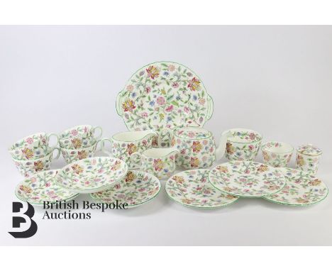 Minton Haddon Hall tea set, comprising four tea cups and saucers, four tea plates, cake plate, tea pot, cream jug, milk jug, 