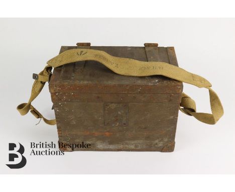 WWII British Army field telephone set F MKII, nr YA 2SS6, with broad arrow mark, housed in a timber box with the original can