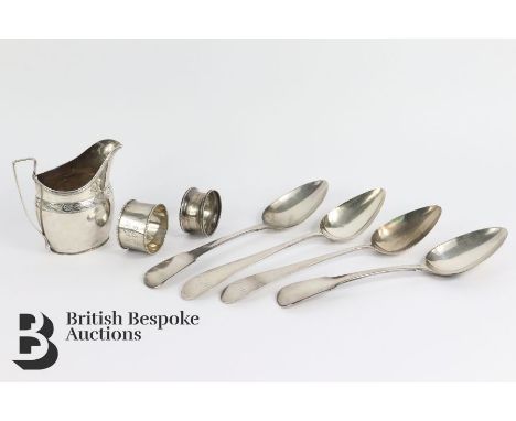 Collection of British silver, including a milk jug London 1801 mm JW, two table Edinburgh 1831 mm Matthew Craw, two table spo