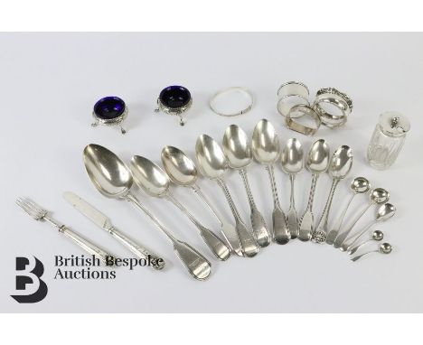 Quantity of silver spoons, including a large serving spoon, two table spoons and a tea spoon, London hallmark dated 1819, two