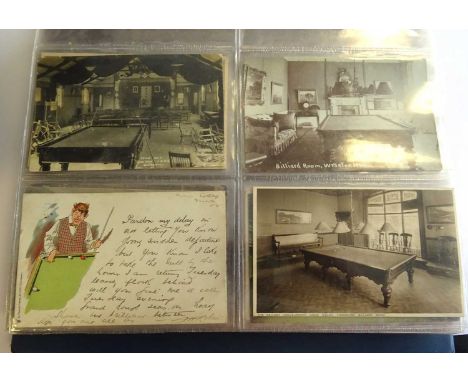 A Blue Album containing around 120 postcards of the game Billiards. Many views of tables in Public Buildings, Hotels, Restaur