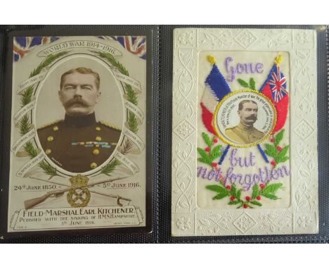 A Black Album containing 41 cards of Lord Kitchener (1850-1916) of First World War fame, consisting mainly of portraits, mour